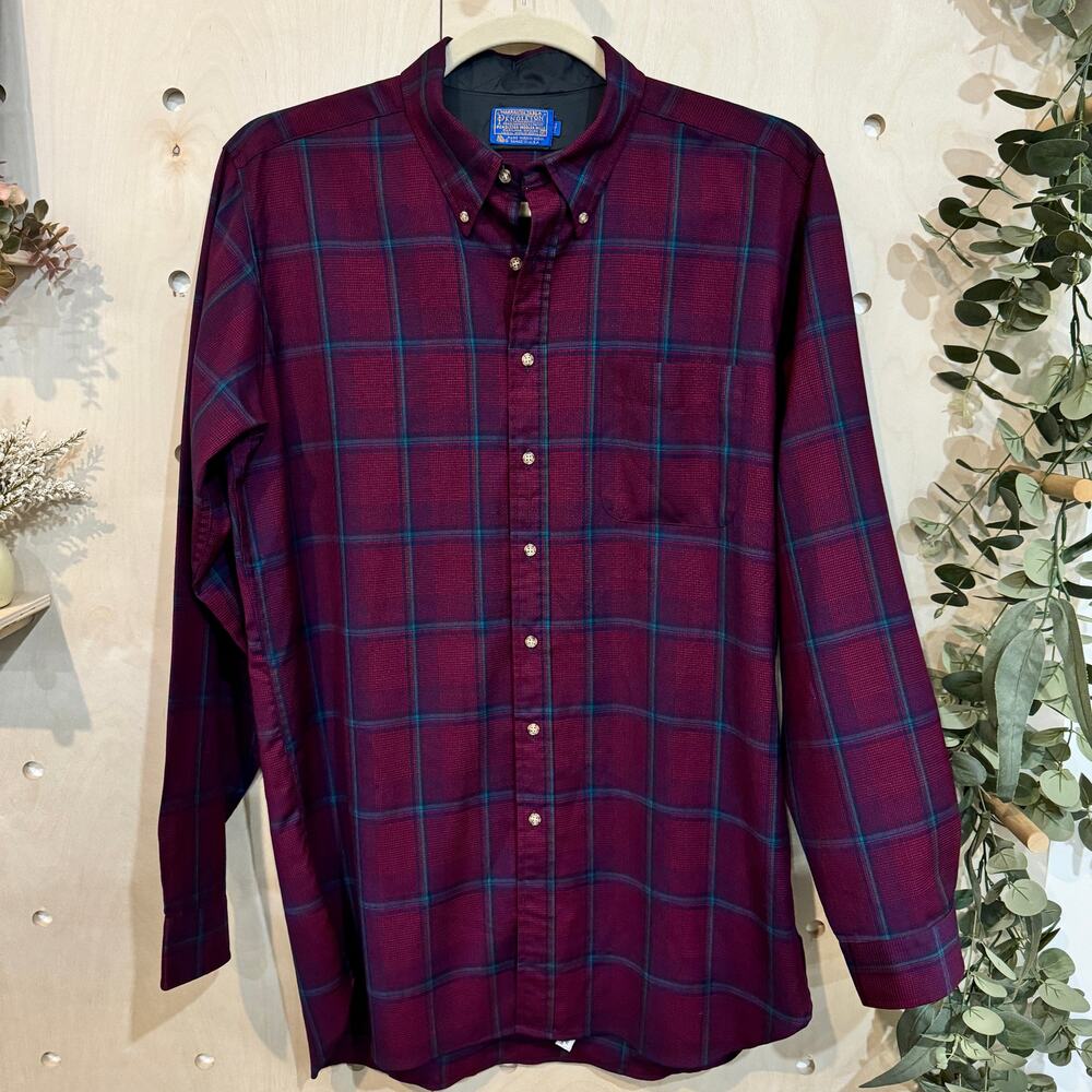 PENDLETON Vintage Mens Virgin Wool Shirt SZ XL Long XLT Burgundy Blue Plaid